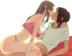 Rule 34 | 2girls, arm support, ass, backlighting, bed sheet, bra, breasts, chibigou, closed eyes, face-to-face, frilled bra, frills, from side, highleg, highleg panties, highres, imminent kiss, lips, long hair, lying, multiple girls, navel, on back, original, panties, parted lips, profile, shirt, sidelocks, simple background, straddling, strapless, strapless bra, underwear, yuri