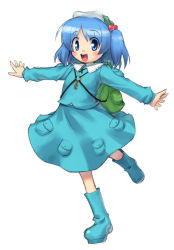 Rule 34 | 1girl, backpack, bag, blue eyes, blue hair, boots, child, female focus, full body, hair bobbles, hair ornament, hat, kanno, kawashiro nitori, key, randoseru, short hair, simple background, solo, standing, touhou, twintails, two side up, white background