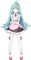 Rule 34 | 1girl, ahoge, apron, artwhirl mahou gakuen no otome-tachi, black ribbon, black skirt, blue hair, closed mouth, crescent, crescent hair ornament, euni (artwhirl), frilled skirt, frills, full body, hair ornament, highres, holding, holding plate, long hair, looking at viewer, miniskirt, neck ribbon, pink apron, plate, purple eyes, ribbon, skirt, smile, solo, standing, star (symbol), star hair ornament, tachi-e, thighhighs, transparent background, very long hair, white thighhighs, wrist cuffs, zettai ryouiki