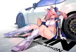 Rule 34 | 1girl, animal ear fluff, animal ears, arm support, boots, bow, breasts, car, cleavage, cleavage cutout, clothing cutout, fate/extra, fate (series), fox ears, gloves, hair bow, high heel boots, high heels, highres, large breasts, logo, looking at viewer, midriff, motor vehicle, navel, official alternate costume, pink hair, race queen, shorts, sitting, smile, tail, tamamo (fate), tamamo no mae (fate/extra), tamamo no mae (type-moon racing) (fate), toyota, toyota 86, white footwear, white gloves, white shorts, wisespeak, yellow eyes