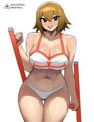 Rule 34 | 1girl, artist logo, bare shoulders, bikini, black eyes, breasts, bright pupils, brown hair, cleavage, collarbone, cowboy shot, donburi (donburikazoku), dual wielding, elie (rave), fanbox username, gluteal fold, highres, holding, holding weapon, large breasts, medium hair, navel, open mouth, patreon username, rave, simple background, smile, solo, swimsuit, teeth, thigh gap, thighs, tonfa, upper teeth only, watermark, weapon, web address, white background, white bikini, white pupils