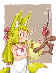 Rule 34 | 1girl, :3, absurdres, animal ears, antlers, bare arms, bare shoulders, beetle, blade, blonde hair, bow, braid, bug, commentary, doitsuken, dress, fox child (doitsuken), fox ears, fox tail, french braid, grey background, heart, highres, horns, insect, long hair, low-tied long hair, orange bow, original, revision, rhinoceros beetle, rhinoceros ears, simple background, solo, sparkle, tail, white dress, yellow eyes