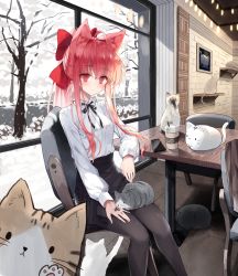 Rule 34 | 1girl, absurdres, ahoge, animal, animal ear fluff, animal ears, animal on lap, black cat, black pantyhose, black ribbon, black skirt, bow, breasts, cat, cat ears, cellphone, chair, closed mouth, coffee cup, collared shirt, commentary request, cup, disposable cup, dress shirt, feet out of frame, hair bow, hair intakes, high ponytail, highres, indoors, long hair, neck ribbon, on chair, on lap, original, pantyhose, phone, pink hair, pleated skirt, ponytail, red bow, red eyes, ribbon, shirt, sidelocks, sitting, skirt, small breasts, smile, snow, solo, table, tandohark, tree, very long hair, white shirt