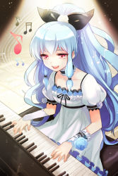 Rule 34 | 1girl, blue hair, bow, collarbone, dress, frills, grin, hair bow, instrument, linus falco, long hair, lowres, musical note, open mouth, piano, ponytail, red eyes, ribbon, shokill, sitting, smile, solo, sword girls, syokil, very long hair, wavy hair, wide ponytail
