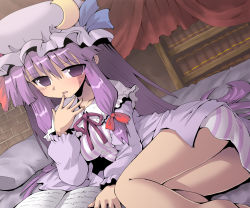 Rule 34 | 1girl, ass, bed, blush, book, bookshelf, breasts, brick wall, collarbone, ears, female focus, hair ribbon, hand to own mouth, hat, indoors, kurogarasu, legs, looking at viewer, lying, moon (ornament), open book, open mouth, patchouli knowledge, pillow, purple eyes, purple hair, ribbon, sidelocks, small breasts, solo, striped, thighs, touhou
