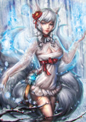 Rule 34 | 1girl, absurdres, ahri (league of legends), animal ears, bare tree, bell, blue eyes, branch, breasts, cleavage, curly hair, detached sleeves, dress, eyelashes, facial mark, flower, forest, fox ears, fox tail, frilled dress, frills, grey eyes, hair flower, hair ornament, highres, jewelry, korean clothes, lace, large breasts, league of legends, lens flare, long hair, long sleeves, looking at viewer, magic, motion blur, multiple tails, nature, necklace, outdoors, red ribbon, ribbon, sangrde, sash, see-through, snowflakes, snowing, solo, strapless, strapless dress, tail, tassel, textless version, tree, whisker markings, white dress, winter, yellow eyes