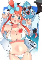 1girl :o artist_name bare_shoulders bikini blue_eyes blush breasts carrot_summer claw_pose cleavage collarbone creatures_(company) fingernails game_freak gen_5_pokemon hands_up large_breasts long_hair long_sleeves looking_at_viewer navel nintendo open_clothes open_mouth open_shirt pokemon pokemon_(creature) pokemon_bw red_hair shirt side-tie_bikini_bottom skyla_(pokemon) swimsuit swoobat white_bikini white_shirt