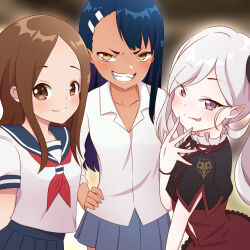 Rule 34 | 3girls, black hair, blue archive, brown hair, dark-skinned female, dark skin, highres, looking at viewer, mesugaki, multiple girls, mutsuki (blue archive), school uniform, serafuku, shirt, smile, snkagawa, tongue, tongue out, upper body, white hair, white shirt