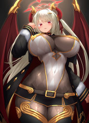 Rule 34 | 1girl, ahoge, antenna hair, black shorts, blonde hair, bodysuit, breasts, covered navel, cowboy shot, curvy, demon girl, demon horns, demon wings, halo, heart, heart-shaped pupils, highleg, highleg leotard, highres, horns, large breasts, leotard, looking at viewer, micro shorts, navel, open mouth, original, red eyes, shorts, skin tight, smile, solo, symbol-shaped pupils, tylwing, wings