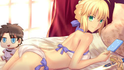 Rule 34 | 1boy, 1girl, ahoge, artoria pendragon (all), artoria pendragon (fate), artoria pendragon (swimsuit archer) (first ascension) (fate), ass, back, bed, besmiled, blonde hair, blush, breasts, fate/grand order, fate (series), food, fujimaru ritsuka (male), green eyes, highres, looking at viewer, looking back, lying, medium breasts, official style, on stomach, pillow, popsicle, saber (fate), smile, sword, weapon