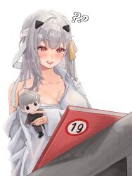 Rule 34 | 1girl, :d, ?, ??, bandaged head, bandages, bluepaint, blush, book, breasts, character doll, cleavage, collarbone, commander (nikke), doll, goddess of victory: nikke, grey hair, hair ribbon, highres, holding, holding doll, large breasts, long hair, modernia (first affection) (nikke), modernia (nikke), off-shoulder shirt, off shoulder, open mouth, red eyes, ribbon, shirt, sidelocks, smile, solo, white shirt, yellow ribbon