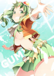 Rule 34 | 1girl, :d, breasts, character name, goggles, goggles on head, green eyes, green hair, grin, gumi, large breasts, matching hair/eyes, gumi (v3 megpoid), navel, open mouth, outstretched arms, short hair, short hair with long locks, skirt, smile, solo, umiko (munemiu), underboob, vocaloid