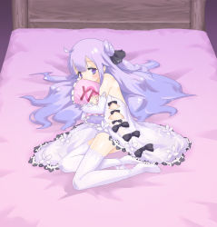 Rule 34 | 1girl, ahoge, azur lane, bare shoulders, bed, bed frame, blush, bow, child, covered mouth, elbow gloves, female focus, full body, gloves, hair ornament, hair ribbon, henshitai (user cuvp2733), highres, hug, long hair, looking at viewer, lying, hugging object, on bed, on side, panties, panty pull, pillow, pillow hug, purple eyes, purple hair, ribbon, solo, thighhighs, underwear, unicorn (azur lane), white thighhighs