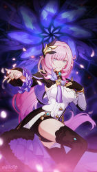 Rule 34 | 1girl, black thighhighs, blue eyes, dress, elysia (honkai impact), elysia (miss pink elf) (honkai impact), frilled sleeves, frills, gloves, hair ornament, highres, honkai (series), honkai impact 3rd, long hair, looking at viewer, official art, parted lips, petals, pink hair, pointy ears, single glove, smile, solo, swept bangs, thighhighs, very long hair