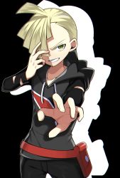 Rule 34 | 1boy, bad id, bad pixiv id, black background, blonde hair, clenched teeth, creatures (company), game freak, gladion (pokemon), green eyes, hair over one eye, highres, male focus, nintendo, pokemon, pokemon sm, short hair, simple background, smile, solo, teeth, yuihico