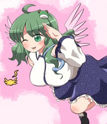 Rule 34 | 1girl, ahoge, bare shoulders, black footwear, blue skirt, blush, detached sleeves, frilled skirt, frills, frog hair ornament, green eyes, green hair, hair ornament, highres, japanese clothes, kochiya sanae, long hair, nontraditional miko, one eye closed, open mouth, rokugou daisuke, shoes, signature, skirt, smile, snake hair ornament, solo, tongue, tongue out, touhou, unfinished dream of all living ghost, white sleeves, wide sleeves, wings