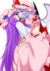 Rule 34 | 2girls, ass grab, bat wings, blue hair, bow, capelet, dress, eichi yuu, eye contact, fang, fang out, grabbing another&#039;s ass, groping, hat, hat ribbon, highres, licking lips, long hair, looking at another, mob cap, multiple girls, patchouli knowledge, pink dress, pink hat, pointy ears, purple eyes, purple hair, red bow, red eyes, red ribbon, remilia scarlet, ribbon, sash, short sleeves, simple background, tongue, tongue out, touhou, very long hair, white background, wings, wrist cuffs, yuri