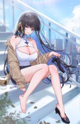 Rule 34 | 1girl, bandaid, bandaid on foot, bare shoulders, barefoot, black footwear, black hair, breasts, brown jacket, cleavage, coffee cup, colored inner hair, commentary, cup, disposable cup, full body, hair ornament, hair ribbon, highres, holding, holding shoes, jacket, large breasts, long hair, long sleeves, looking at viewer, merumeko, multicolored hair, off shoulder, open clothes, open jacket, original, outdoors, parted lips, purple eyes, ribbon, shirt, shoes, sitting, smile, solo, symbol-only commentary, thighs, toe cleavage, toes, white shirt, yellow ribbon
