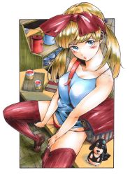 Rule 34 | 1girl, absurdres, bag, bare shoulders, between breasts, blonde hair, blue eyes, blue shirt, blush, book, breasts, brown footwear, closed mouth, commentary request, cup, gagaimo, hair ribbon, highres, loafers, long hair, looking at viewer, marker (medium), medium breasts, messenger bag, original, panties, red legwear, red panties, ribbon, shirt, shoes, shoulder bag, sitting, solo, strap between breasts, teacup, thighs, traditional media, tray, underwear