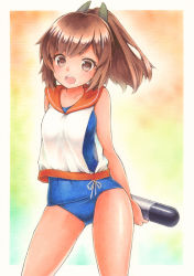 Rule 34 | 10s, 1girl, bad id, bad pixiv id, bare arms, blue one-piece swimsuit, brown hair, dark-skinned female, dark skin, funnyfunny, gradient background, hair ornament, i-401 (kancolle), kantai collection, looking at viewer, marker (medium), no pants, one-piece swimsuit, open mouth, ponytail, school swimsuit, school uniform, serafuku, shirt, simple background, sleeveless, sleeveless shirt, smile, solo, swimsuit, swimsuit under clothes, torpedo, traditional media