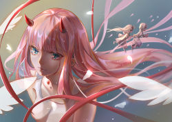 Rule 34 | 10s, 1girl, bare shoulders, black robe, breasts, commentary request, darling in the franxx, green eyes, hair between eyes, hiro (darling in the franxx), horns, juanone88, long hair, medium breasts, nightgown, oni horns, pink hair, red horns, robe, solo, zero two (darling in the franxx)