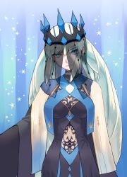Rule 34 | 1girl, black dress, blue eyes, blue lips, clothing cutout, crown, dress, fate/grand order, fate (series), fuyumizaka, lipstick, long hair, looking at viewer, makeup, morgan le fay (fate), morgan le fay (queen of winter) (fate), navel, navel cutout, official alternate costume, platinum blonde hair, solo, veil, wide sleeves