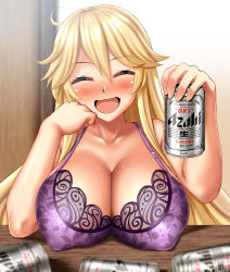 Rule 34 | 1girl, absurdres, beer can, blonde hair, blush, bra, breasts, can, closed eyes, drink can, elbows on table, hair between eyes, highres, holding, holding can, indoors, iowa (kancolle), kantai collection, large breasts, long hair, purple bra, solo, table, underwear, upper body, zanntetu
