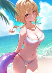 Rule 34 | 1girl, absurdres, alternate costume, beach, bikini, blonde hair, blue sky, blurry, blurry foreground, breasts, cleavage, closed mouth, commentary request, feather hair ornament, feathers, genshin impact, hair between eyes, hair ornament, highres, holding, holding swim ring, innertube, looking at viewer, lumine (genshin impact), medium breasts, navel, ocean, outdoors, palm leaf, purple innertube, raramente, short hair with long locks, sky, swim ring, swimsuit, thigh gap, white bikini, yellow eyes
