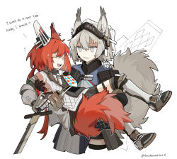 Rule 34 | 2girls, :d, ^ ^, absurdres, anger vein, animal ears, arknights, ashlock (arknights), black thighhighs, brown bag, carrying, carrying person, closed eyes, cropped legs, ear covers, ear tag, english text, flametail (arknights), gauntlets, grey hair, highres, jitome, material growth, mechanical owl, multiple girls, open mouth, oripathy lesion (arknights), pouch, princess carry, red hair, shaded face, short hair, short hair with long locks, simple background, smile, squirrel ears, squirrel girl, squirrel tail, sword, tail, teeth, thighhighs, twitter username, upper teeth only, v-shaped eyebrows, visor (armor), visor lift, weapon, white background