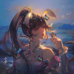 Rule 34 | 1girl, artist request, backlighting, blue sky, breasts, brown hair, bug, butterfly, closed mouth, collar, dark, douluo dalu, dress, hair ornament, highres, insect, looking to the side, medium breasts, metal collar, mountain, pink dress, pink eyes, ponytail, second-party source, sky, solo, upper body, xiao wu (douluo dalu)