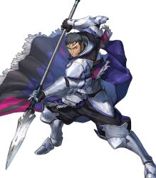 Rule 34 | 1boy, armor, attack, beard, black cape, black hair, blue cape, cape, clenched teeth, facial hair, fire emblem, fire emblem engage, fire emblem heroes, gauntlets, greaves, highres, holding, holding polearm, holding weapon, mauvier (fire emblem), multicolored cape, multicolored clothes, nintendo, non-web source, official art, polearm, purple cape, short hair, solo, teeth, v-shaped eyebrows, very short hair, weapon