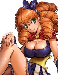 Rule 34 | 1girl, amania orz, big hair, blue hairband, blush, breasts, capelet, cleavage, commentary request, dated, drill hair, earrings, green eyes, hairband, hand on own knee, jewelry, large breasts, long hair, looking at viewer, melie, orange hair, radiant, red capelet, ringlets, simple background, smile, solo, stud earrings, twitter username, white background