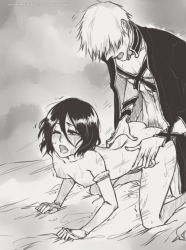 Rule 34 | 1boy, 1girl, abs, all fours, bed sheet, bent over, black hair, bleach, blush, breasts, doggystyle, gloves, hair between eyes, hetero, kuchiki rukia, kurosaki ichigo, monochrome, nipples, nude, open clothes, open mouth, rusky, sex, sex from behind, sheet grab, short hair, small breasts, sweat, torso grab