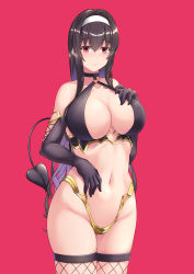 Rule 34 | 1girl, absurdres, armor, bikini armor, black hair, blush, breasts, cleavage, closed mouth, collar, cowboy shot, demon tail, fishnet thighhighs, fishnets, gloves, groin, hair intakes, hairband, hand on own chest, heart, heart o-ring, highres, kasumigaoka utaha, large breasts, long hair, looking at viewer, multicolored hair, navel, o-ring, pink background, pointy ears, purple hair, rebutsu, red eyes, saenai heroine no sodatekata, sidelocks, simple background, smile, solo, stomach, tail, thighhighs, two-tone hair, white gloves, white hairband