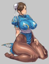 Rule 34 | 1girl, amamiya (abaros), arm behind back, blue dress, bracelet, breasts, brown eyes, brown hair, brown pantyhose, bun cover, capcom, china dress, chinese clothes, chun-li, covered erect nipples, curvy, double bun, dress, grey background, hair bun, hand on own thigh, jewelry, large breasts, pantyhose, parted lips, pelvic curtain, puffy short sleeves, puffy sleeves, sash, short sleeves, sitting, spiked bracelet, spikes, street fighter, thick thighs, thighs, wariza