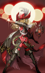 Rule 34 | 10s, 1girl, ascot, au ra, belt, black footwear, black thighhighs, boots, daigoman, final fantasy, final fantasy xiv, gloves, hat, hat feather, horns, red eyes, red mage (final fantasy), smile, solo, sword, tail, thigh boots, thighhighs, warrior of light (ff14), weapon