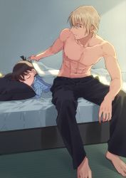 Rule 34 | 2boys, abs, amuro tooru, barefoot, bed, bedroom, black pants, blanket, blonde hair, blue eyes, blue pajamas, brown hair, child, closed eyes, closed mouth, collarbone, commentary request, covering with blanket, edogawa conan, feet, fingernails, hair between eyes, height difference, indoors, k (gear labo), looking at another, lying, male focus, meitantei conan, multiple boys, navel, nipples, no eyewear, on bed, on stomach, pajamas, pants, pectorals, pillow, shadow, short hair, sleeping, smile, stomach, striped clothes, striped pajamas, toenails, toes, toned, toned male, topless male, vertical stripes