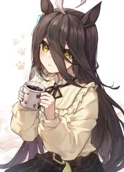 Rule 34 | absurdres, ahoge, animal ears, belt, belt buckle, black hair, black ribbon, black skirt, buckle, coffee, commentary request, cup, earrings, frilled shirt collar, frills, hair between eyes, highres, holding, holding cup, horse ears, jewelry, long hair, long sleeves, looking at viewer, manhattan cafe (umamusume), multicolored hair, neck ribbon, parted lips, paw print, puffy long sleeves, puffy sleeves, ribbon, shino sto, shirt, simple background, single earring, sitting, skirt, solo, steam, streaked hair, umamusume, upper body, white background, yellow eyes, yellow shirt