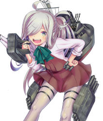 Rule 34 | 10s, 1girl, ahoge, asashimo (kancolle), bow, bowtie, dress, em s, grey eyes, grey hair, gun, hair over one eye, hand on own hip, holding, holding gun, holding weapon, kantai collection, leaning forward, long hair, long sleeves, looking at viewer, machinery, open mouth, pantyhose, ponytail, purple pantyhose, school uniform, sharp teeth, shirt, simple background, sleeveless, sleeveless dress, solo, teeth, turret, weapon, white background, white shirt
