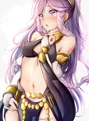 Rule 34 | bare shoulders, blush, braid, breasts, bridal gauntlets, clear glass (mildmild1311), cowboy shot, crying, crying with eyes open, fire emblem, fire emblem awakening, fire emblem heroes, hairband, high ponytail, highres, medium breasts, midriff, navel, nintendo, official alternate costume, olivia (fire emblem), pelvic curtain, pink eyes, pink hair, simple background, solo, tears, twin braids, white background