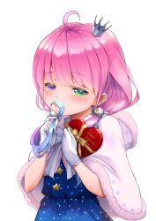Rule 34 | absurdres, blush, candy, chocolate, chocolate heart, coat, crown, food, fur-trimmed coat, fur trim, gloves, gradient hair, hair tie, happy valentine, heart, heterochromia, highres, himemori luna, hololive, multicolored hair, virtual youtuber, white background, white gloves, yamasan ossan