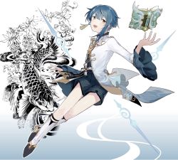 Rule 34 | 1boy, blue hair, blue shorts, book, boots, chinese clothes, commentary request, earrings, fish, floating, floating book, floating object, frilled shirt collar, frilled sleeves, frills, full body, genshin impact, high heels, highres, ink wash painting, jacket, jewelry, liquid weapon, long sleeves, looking at viewer, male focus, open book, open mouth, palette swap, short hair, shorts, simple background, single earring, smile, solo, tassel, tassel earrings, vision (genshin impact), xingqiu (genshin impact), yellow eyes, yoko (nz g)