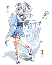 Rule 34 | 1girl, absurdres, ahoge, animal print, bell, blue eyes, blue hair, bow, color guide, detached sleeves, fins, fish bone, fish print, fish tail, gawr gura, gradient clothes, grey footwear, grey hair, hashtag, highres, holding, hololive, hololive english, laurels, leg up, light blue hair, medium hair, multicolored hair, open mouth, shark tail, sharp teeth, shrimp, shrimp hair ornament, sleeves past wrists, smile, solo, stitches, streaked hair, syu45, tail, teeth, thigh strap, twintails, twitter username, upper teeth only, virtual youtuber, white bow, white hair, white legwear
