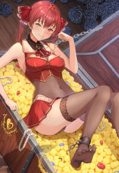 Rule 34 | 1girl, :3, ankle cuffs, ascot, bad id, bad twitter id, bead necklace, beads, black flower, black rose, breasts, brooch, brown leotard, brown thighhighs, chain, closed mouth, coin, covered navel, crop top, cropped vest, flower, gem, gold coin, gold trim, heterochromia, highres, holding, holding key, hololive, houshou marine, iroha (unyun), jewelry, key, key necklace, knees up, leotard, long hair, looking at viewer, lying, medium breasts, miniskirt, necklace, no shoes, on back, pleated skirt, red eyes, red hair, red skirt, rose, skirt, soles, solo, thighhighs, thighs, toes, treasure chest, twintails, vest, virtual youtuber, yellow eyes