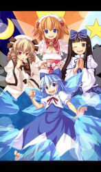 Rule 34 | 4girls, bow, cirno, crescent, crescent moon, hair bow, hat, highres, letterboxed, luna child, moon, multiple girls, saemon (tonpura), star (symbol), star sapphire, sunny milk, symbol-shaped pupils, touhou, wings, yousei daisensou
