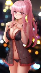 Rule 34 | 1girl, absurdres, arms up, babydoll, black bra, black panties, blurry, blurry background, blush, bra, breasts, cleavage, cowboy shot, fingers together, highres, hololive, hololive english, kazenokaze, large breasts, lights, lingerie, long hair, looking at viewer, mori calliope, nail polish, navel, panties, pink eyes, pink hair, ponytail, red nails, revision, solo, stomach, underwear, virtual youtuber, wavy mouth