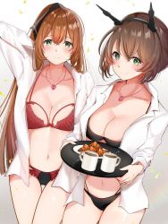 Rule 34 | 2girls, bikini, bikini under clothes, black bikini, blush, breasts, brown hair, cleavage, closed mouth, coffee mug, collarbone, commission, commissioner upload, crossover, cup, food, girls&#039; frontline, green eyes, hand in own hair, headgear, heart lock (kantai collection), holding, holding tray, jewelry, kantai collection, large breasts, long hair, looking at viewer, mug, multiple girls, mutsu (kancolle), navel, necklace, ponytail, red bikini, ring, second-party source, shirt, short hair, simple background, smile, springfield (girls&#039; frontline), swimsuit, tray, uiri-na, upper body, wedding band, white background, white shirt