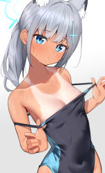 Rule 34 | 1girl, animal ear fluff, animal ears, black one-piece swimsuit, blue archive, blue eyes, blush, breasts, cleavage, competition swimsuit, covered navel, cowboy shot, cross hair ornament, extra ears, grey hair, hair ornament, halo, looking at viewer, medium breasts, medium hair, mismatched pupils, multicolored clothes, multicolored swimsuit, official alternate costume, one-piece swimsuit, ponytail, shiroko (blue archive), shiroko (swimsuit) (blue archive), solo, sweat, swimsuit, tan, tanline, ushimittsu