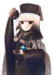 Rule 34 | 1girl, black eyes, cup, fate/grand order, fate (series), flower, grey hair, hat, highres, japanese clothes, kimono, ko yu, morning glory, pouring, sen no rikyu (fate), sen no rikyu (second ascension) (fate), signature, smile, tea, teacup, teapot, white background, wide sleeves