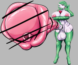Rule 34 | 1girl, absurdres, blush, boots, breasts, censored, commentary, creatures (company), english commentary, fellatio gesture, full body, futanari, game freak, gardevoir, gen 3 pokemon, green hair, green thighhighs, grey background, highres, huge penis, large breasts, nintendo, no humans, penis, pointless censoring, pokemon, pokemon (creature), pov, red eyes, simple background, solo, standing, testicles, thigh boots, thighhighs, tongue, tongue out, unhingedd01